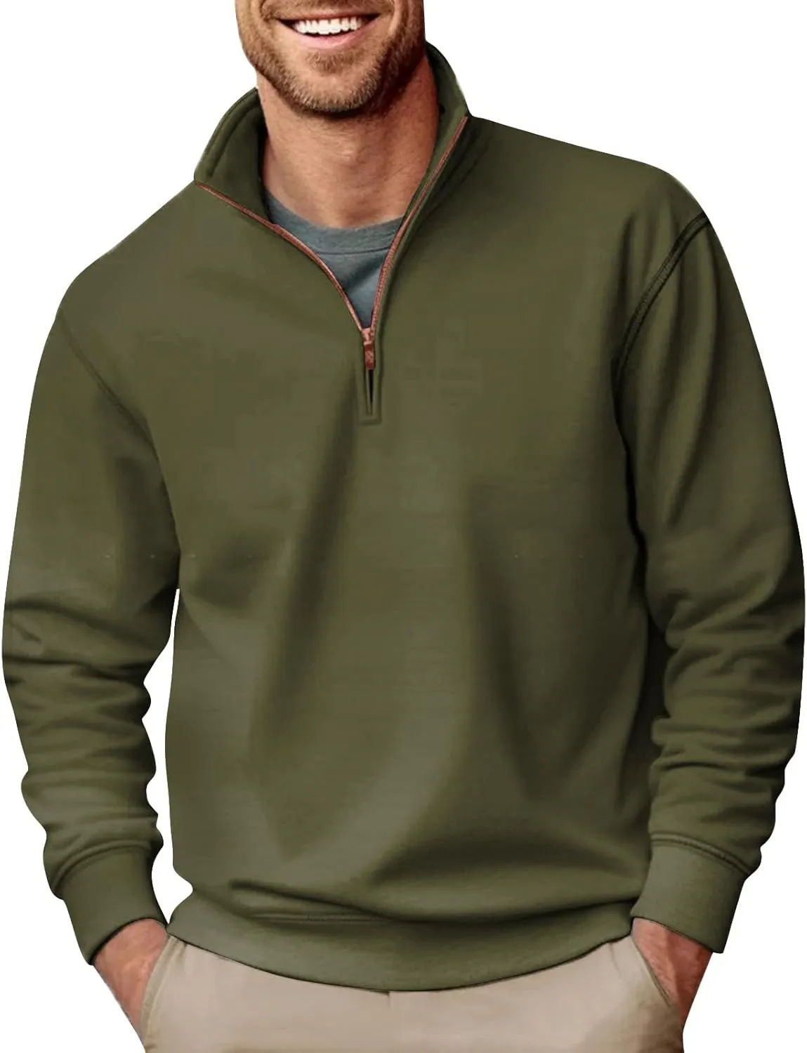 2024 Men's 3/4 Zip Pullover Long Sleeved Fashion Slim Fit Top High Collar Cotton Sweatshirt Lightweight Workout Shirt