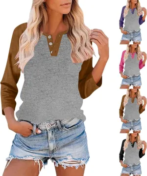 3/4 Length Sleeves Tops for Womens Plus Size Comfy V-Neck Button Color Blocked T-Shirts Loose Casual Tunic Top