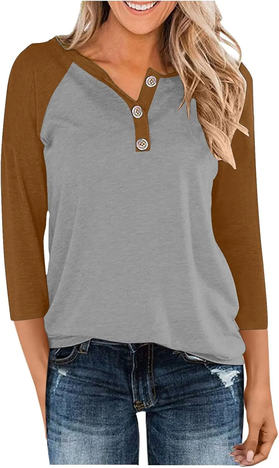 3/4 Length Sleeves Tops for Womens Plus Size Comfy V-Neck Button Color Blocked T-Shirts Loose Casual Tunic Top