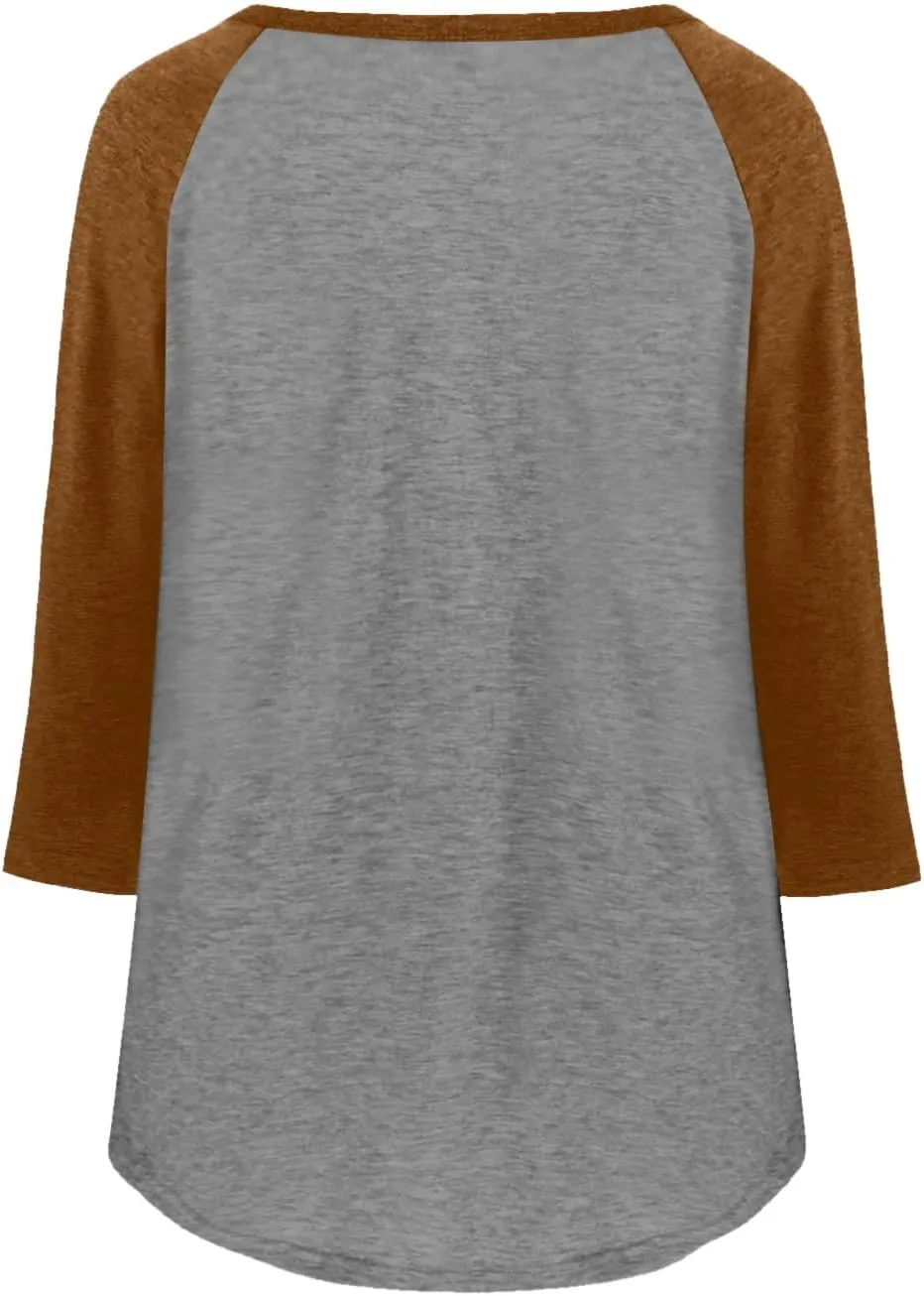 3/4 Length Sleeves Tops for Womens Plus Size Comfy V-Neck Button Color Blocked T-Shirts Loose Casual Tunic Top