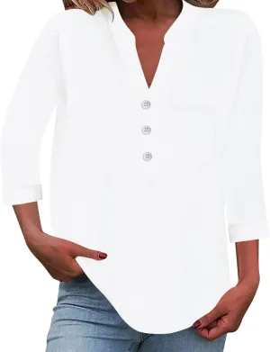 3/4 Sleeve Linen Tops for Women Loose Fit V Neck Button Down Henley Shirts Cute Summer Beach Tee Shirts with Pocket