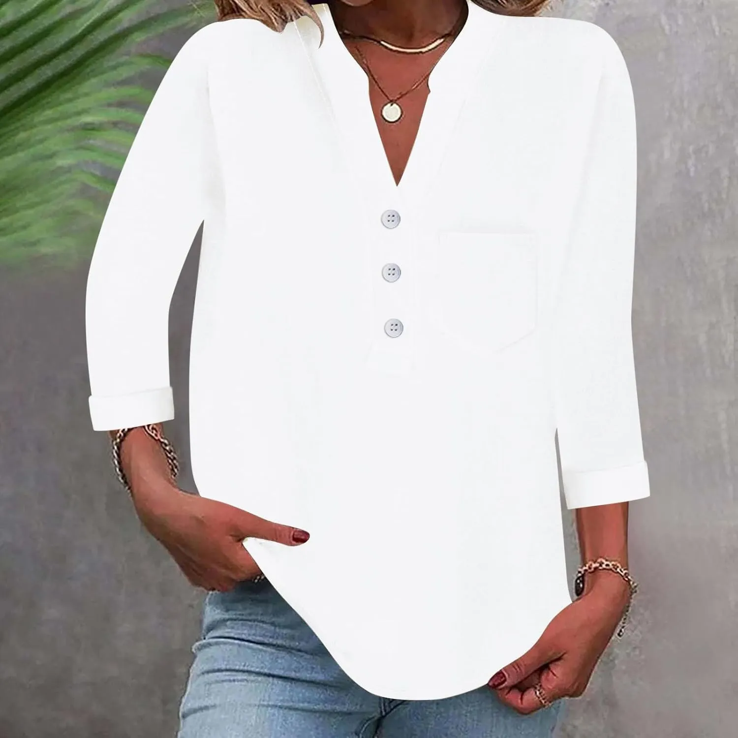 3/4 Sleeve Linen Tops for Women Loose Fit V Neck Button Down Henley Shirts Cute Summer Beach Tee Shirts with Pocket
