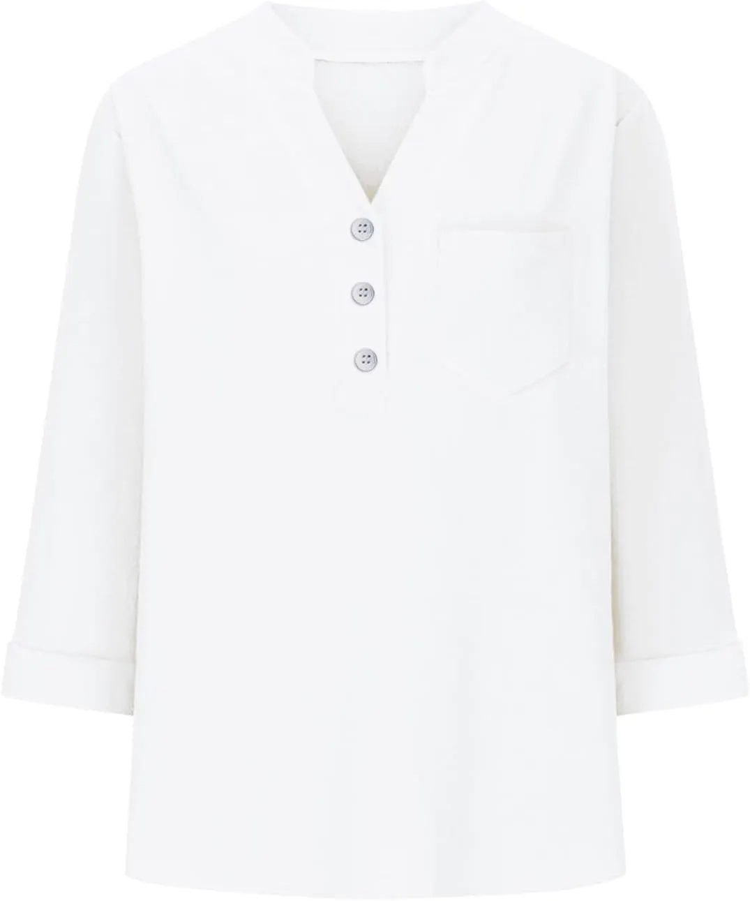 3/4 Sleeve Linen Tops for Women Loose Fit V Neck Button Down Henley Shirts Cute Summer Beach Tee Shirts with Pocket