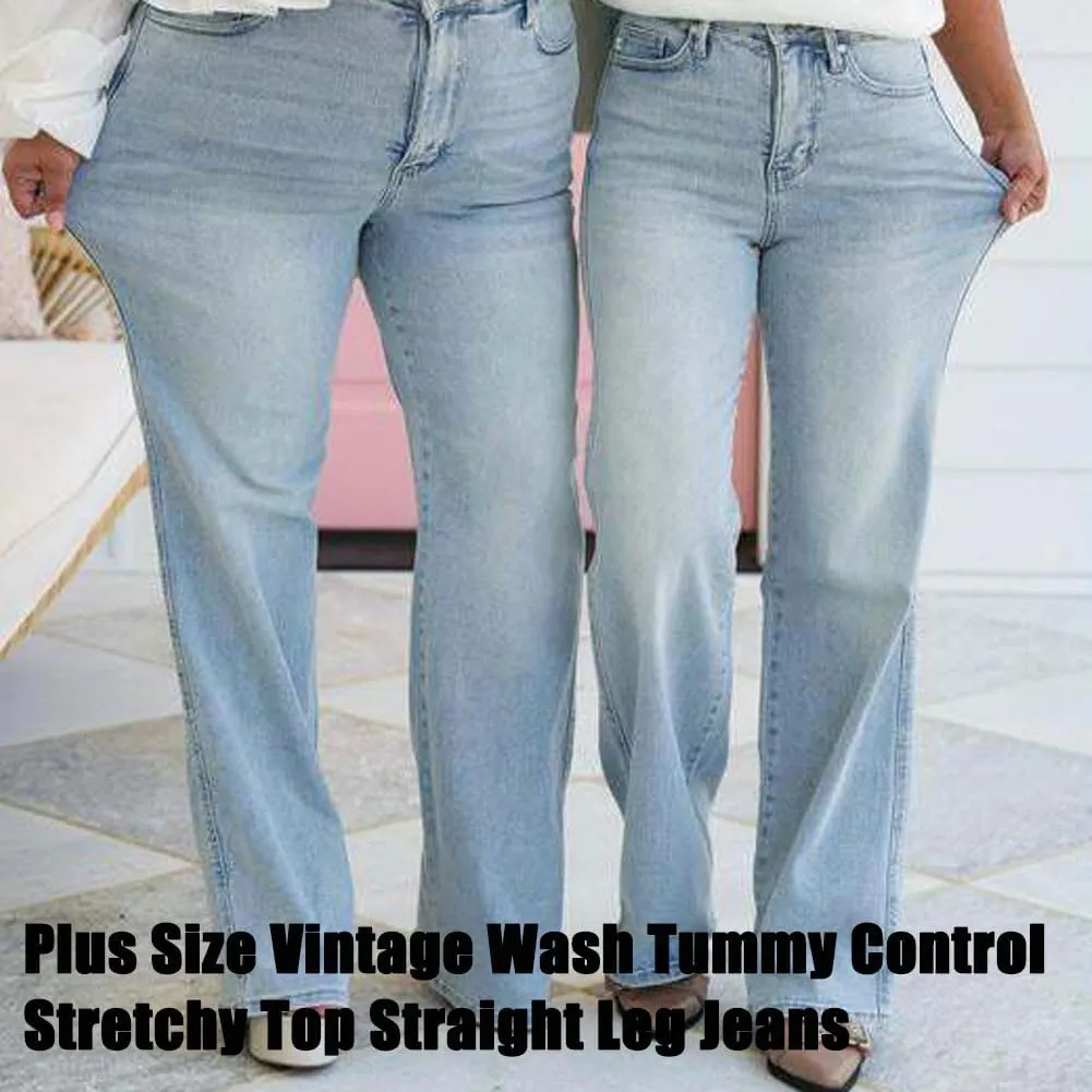 Arisefrom Jeans, Plus Size Vintage Wash Tummy Control Stretchy Top Straight Leg Jeans, Womens High Waisted Jeans