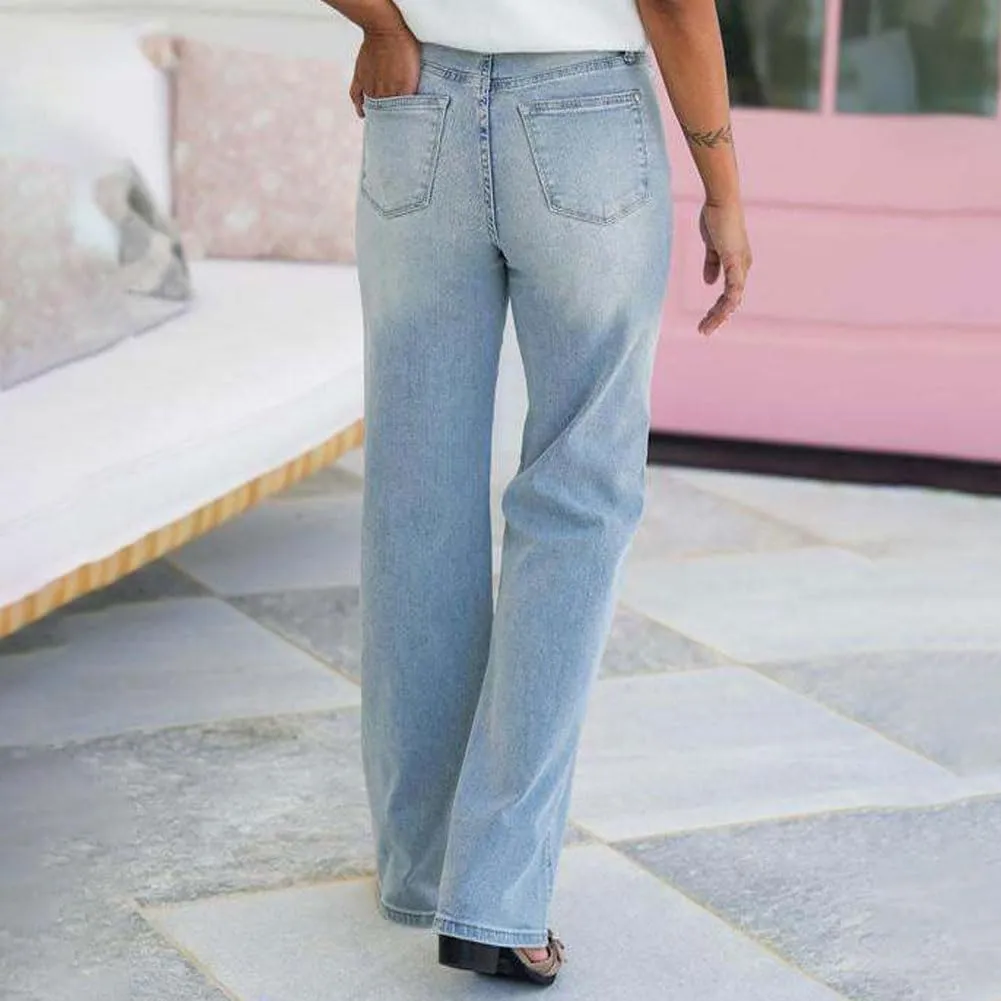 Arisefrom Jeans, Plus Size Vintage Wash Tummy Control Stretchy Top Straight Leg Jeans, Womens High Waisted Jeans