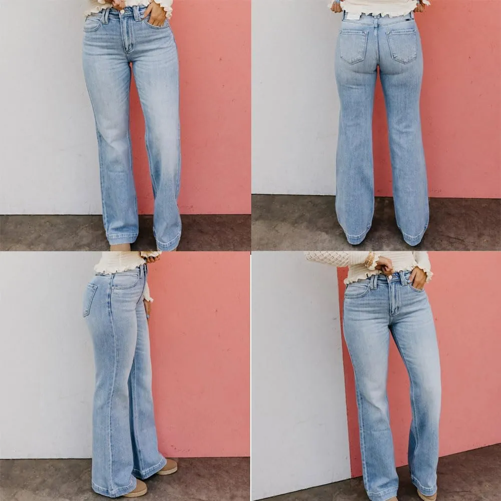 Arisefrom Jeans, Plus Size Vintage Wash Tummy Control Stretchy Top Straight Leg Jeans, Womens High Waisted Jeans