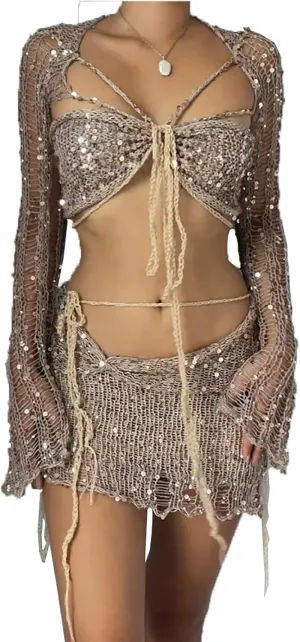 Beach Match Lounge Swimsuits Sets for Women Sequin Sexy Eyelet Hawaiian Crochet Skirts Swimsuits Cover Up Sets Womens 2025