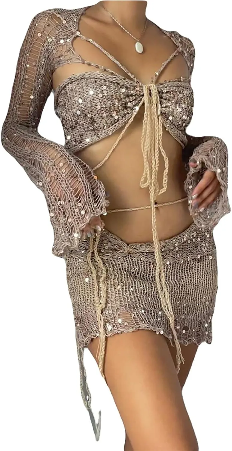 Beach Match Lounge Swimsuits Sets for Women Sequin Sexy Eyelet Hawaiian Crochet Skirts Swimsuits Cover Up Sets Womens 2025