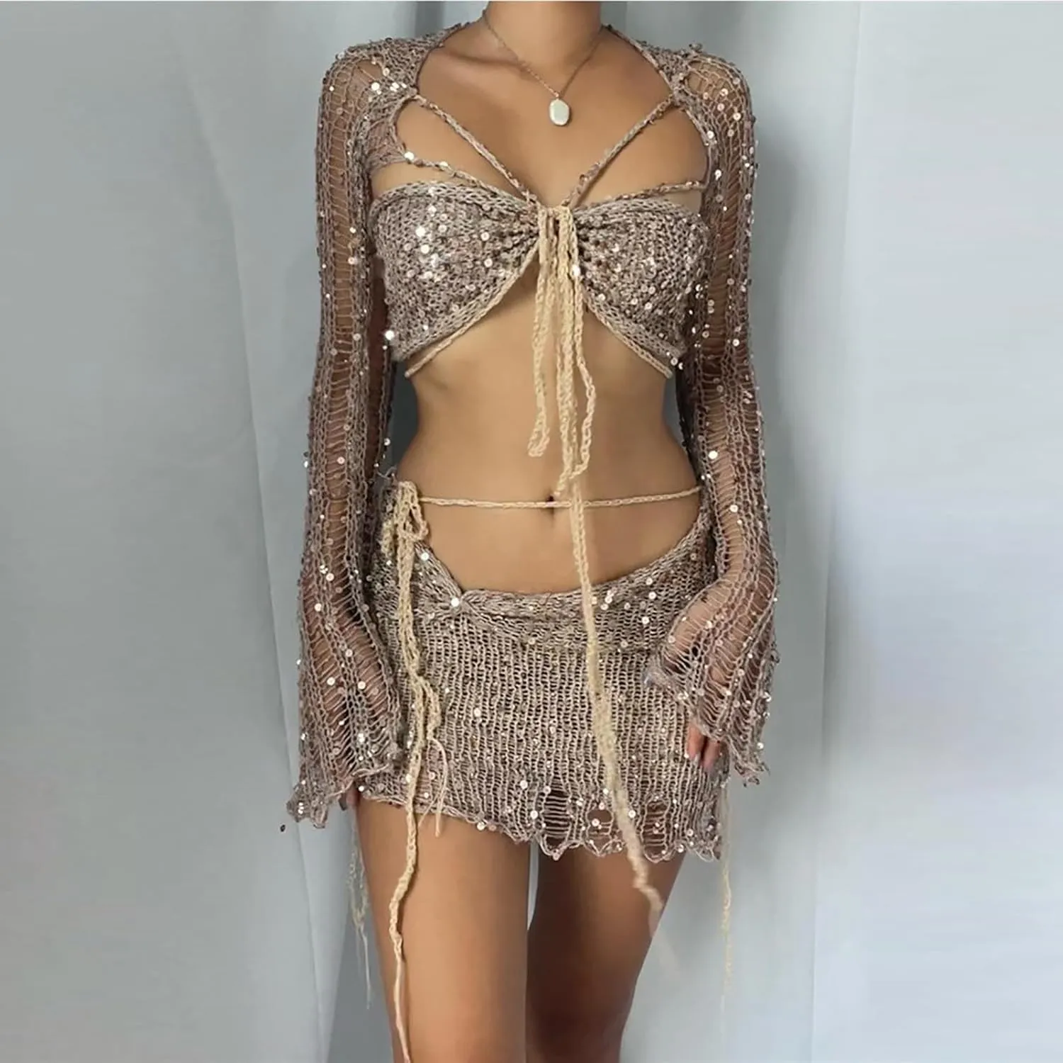 Beach Match Lounge Swimsuits Sets for Women Sequin Sexy Eyelet Hawaiian Crochet Skirts Swimsuits Cover Up Sets Womens 2025