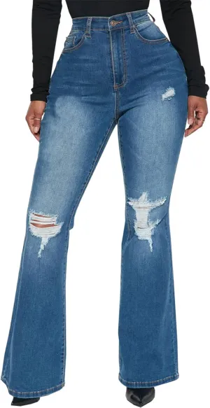 Bell Bottom Jeans for Women Ripped High Waisted Classic Flared Denim Pants