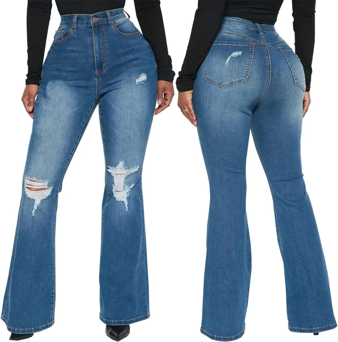 Bell Bottom Jeans for Women Ripped High Waisted Classic Flared Denim Pants