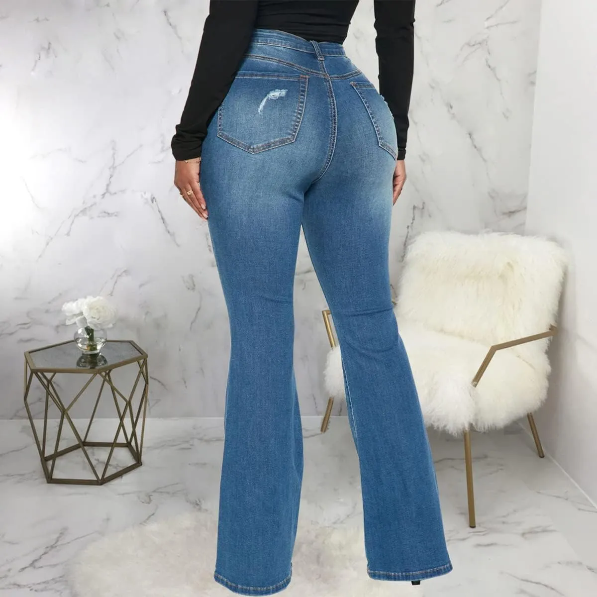 Bell Bottom Jeans for Women Ripped High Waisted Classic Flared Denim Pants