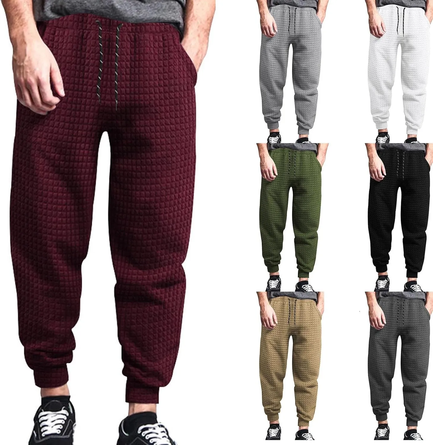 BIFUTON Baggy Sweatpants Men Waffle Knitted Elastic Waist Joggers for Men Lounge Pants Comfortable Trousers with Pockets