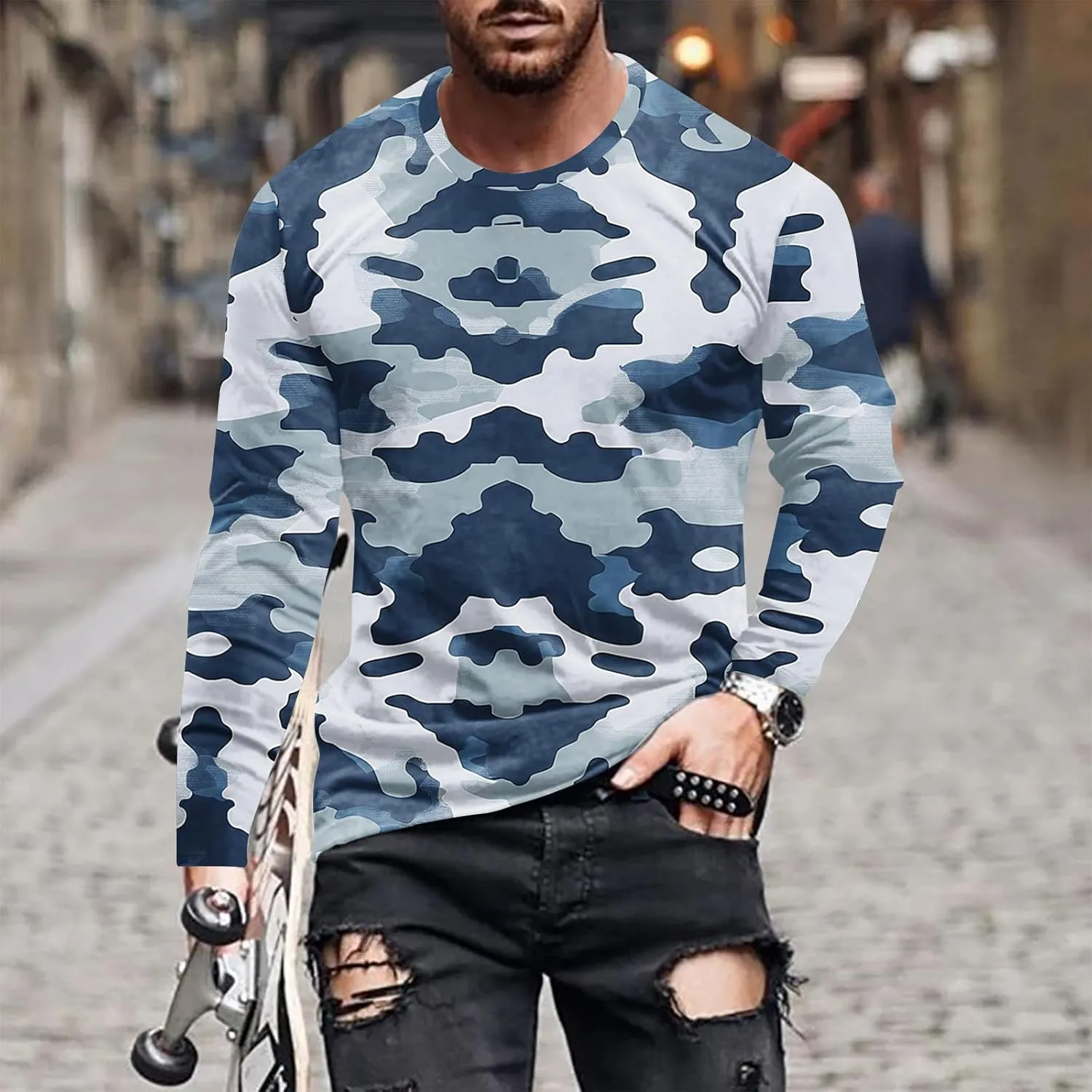 Big and Tall Shirts for Men Long Sleeve Camouflage Print Graphic Pullover Tops Camo Gym Workout Crewneck Sweatshirts