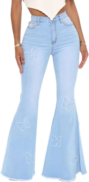 Blue Bell Bottom Jeans for Women Plus Size Butterfly High Waisted Flared Jeans Stretchy Skinny Classic Denim Pants
