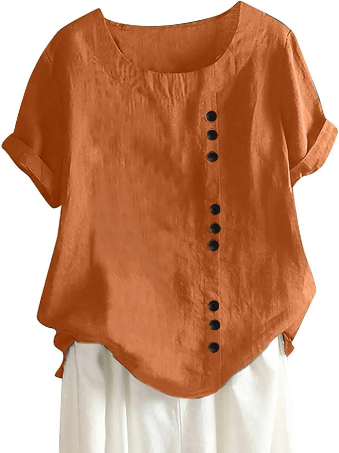 Boho Tops for Women Summer Cotton Linen Shirts Casual Round Neck Blouse Short Sleeve T-Shirt Vacation Outfits