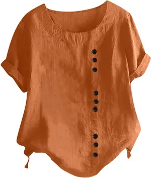 Boho Tops for Women Summer Cotton Linen Shirts Casual Round Neck Blouse Short Sleeve T-Shirt Vacation Outfits
