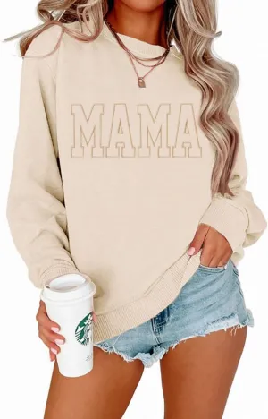 BOUTIKOME Mama Sweatshirt Women Funny Mama Letter Print Graphic Mom Life Long Sleeve Crewneck Pullover Shirt Loose Tops