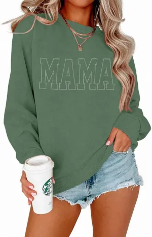 BOUTIKOME Mama Sweatshirt Women Funny Mama Letter Print Graphic Mom Life Long Sleeve Crewneck Pullover Shirt Loose Tops