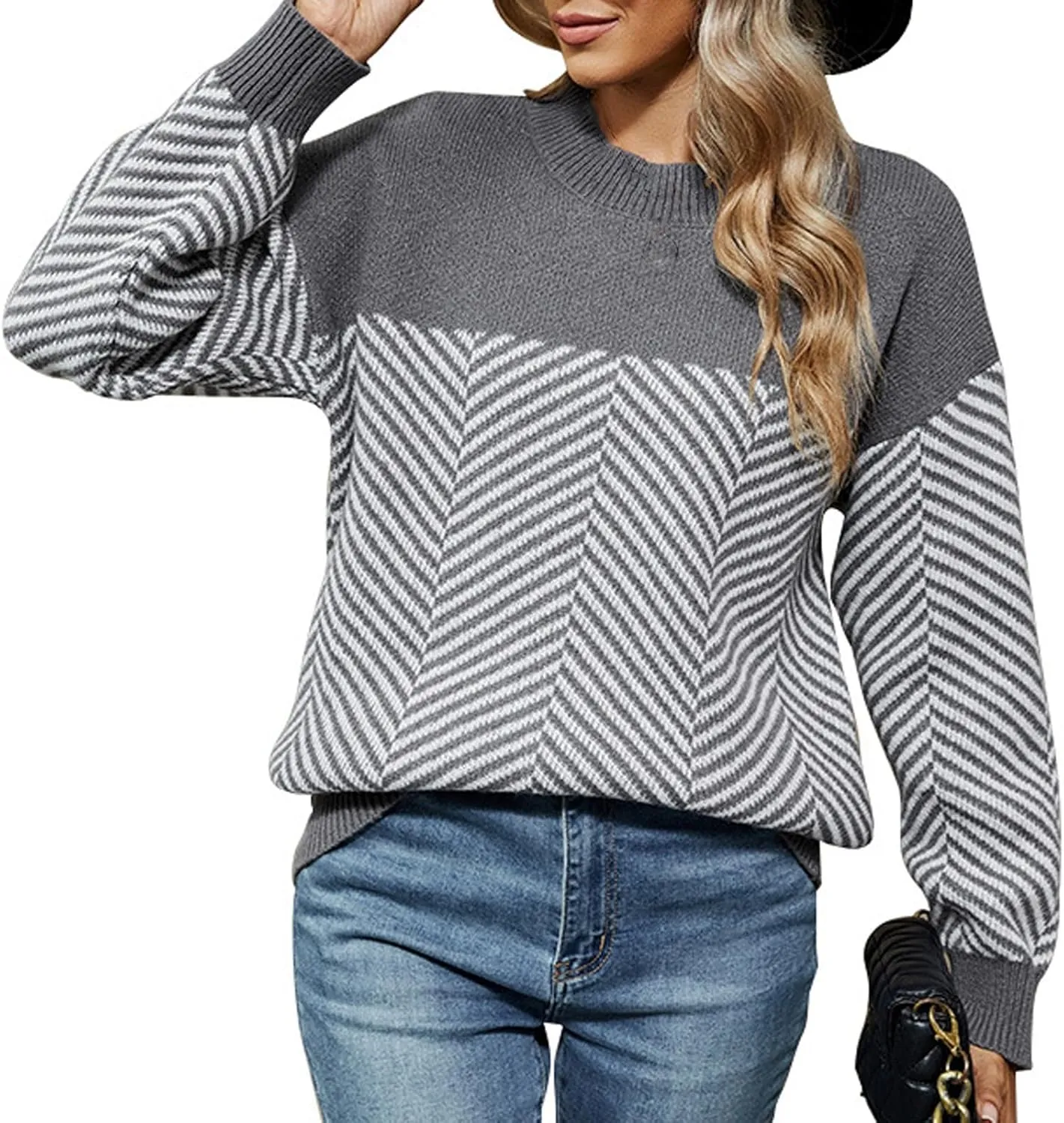 Cable Knit Striped Sweater for Women Crew Neck Oversized Long Sleeve Pullover Fall Winter Sweater for Women Trendy