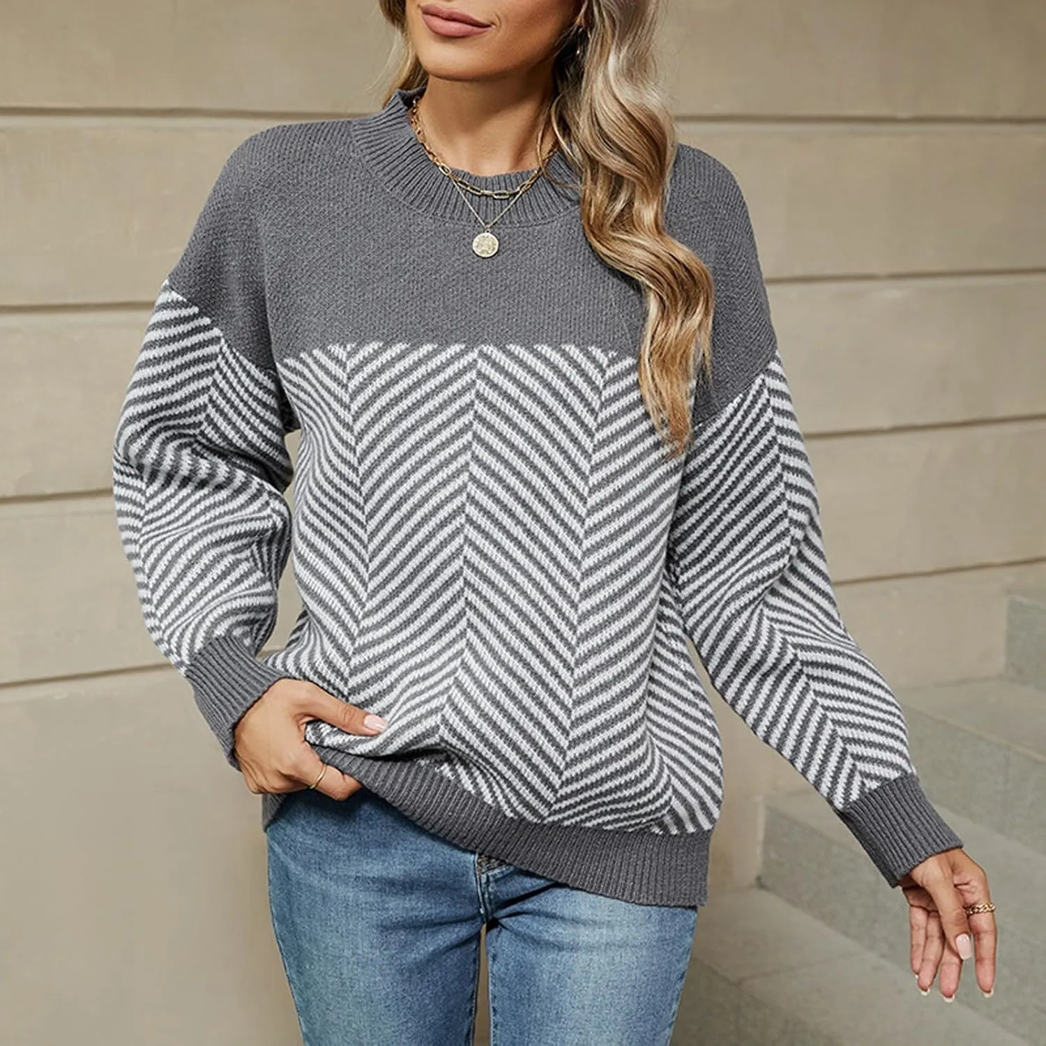 Cable Knit Striped Sweater for Women Crew Neck Oversized Long Sleeve Pullover Fall Winter Sweater for Women Trendy