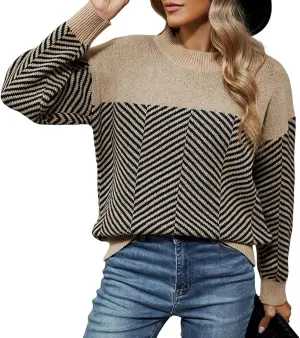 Cable Knit Striped Sweater for Women Crew Neck Oversized Long Sleeve Pullover Fall Winter Sweater for Women Trendy
