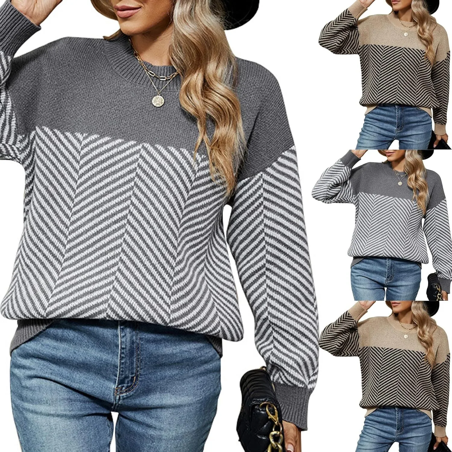 Cable Knit Striped Sweater for Women Crew Neck Oversized Long Sleeve Pullover Fall Winter Sweater for Women Trendy