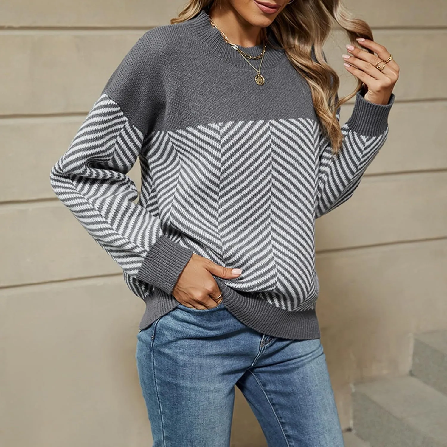 Cable Knit Striped Sweater for Women Crew Neck Oversized Long Sleeve Pullover Fall Winter Sweater for Women Trendy