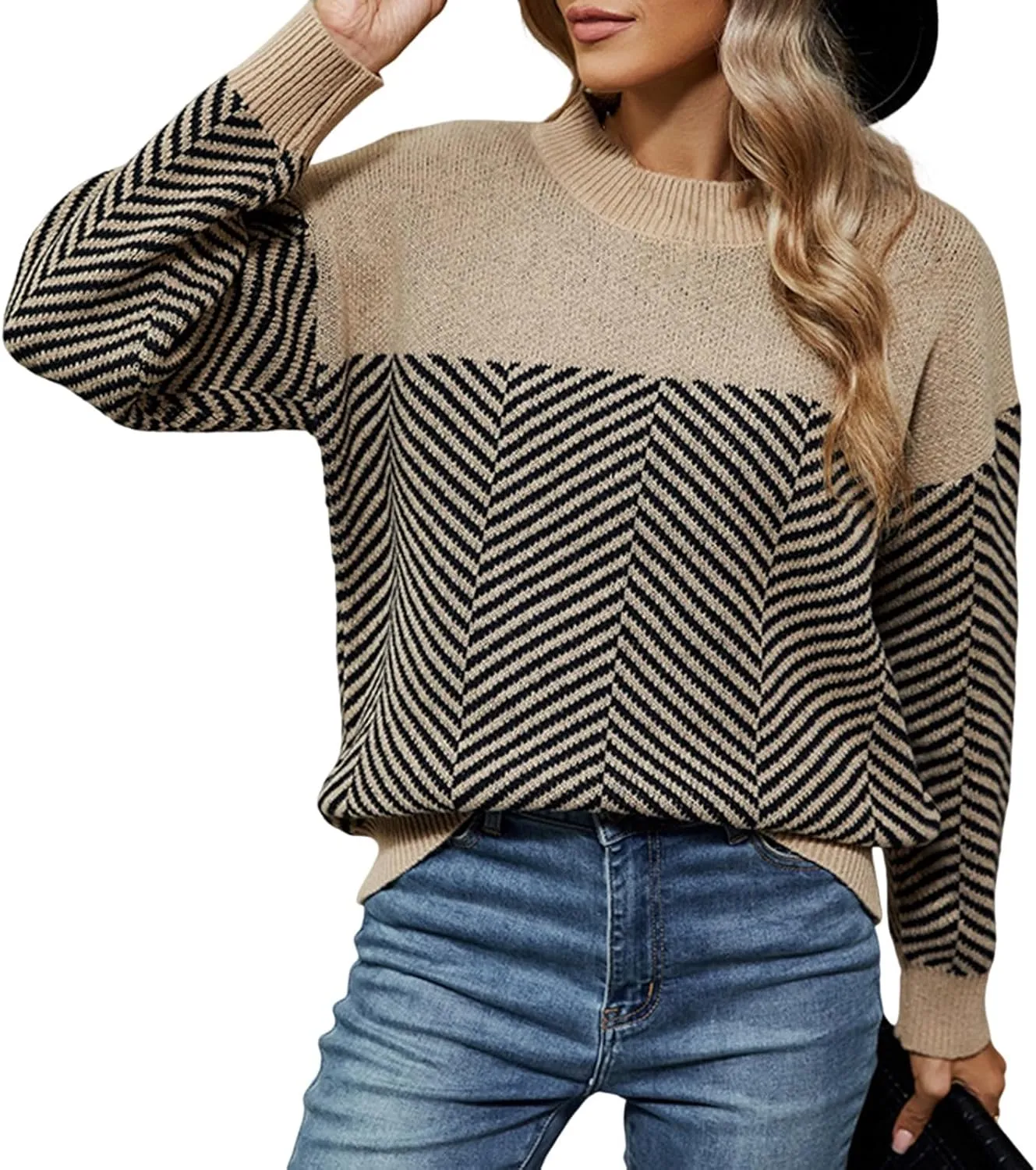 Cable Knit Striped Sweater for Women Crew Neck Oversized Long Sleeve Pullover Fall Winter Sweater for Women Trendy