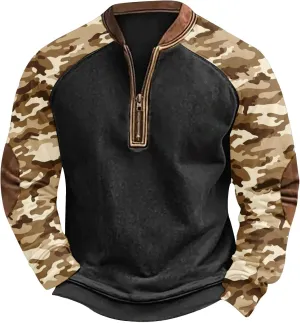 Camoflauge Quarter Zip Sweatshirt Men Plus Size Military Long Sleeve Fall Camouflage Pullover Sweatshirts