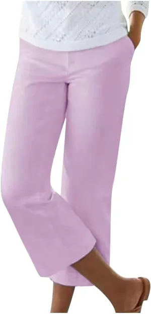 Capri Pants for Women Dressy Casual Stretch Summer 3/4 Length Trousers Wide Leg Cotton Linen Petite Cropped Pants