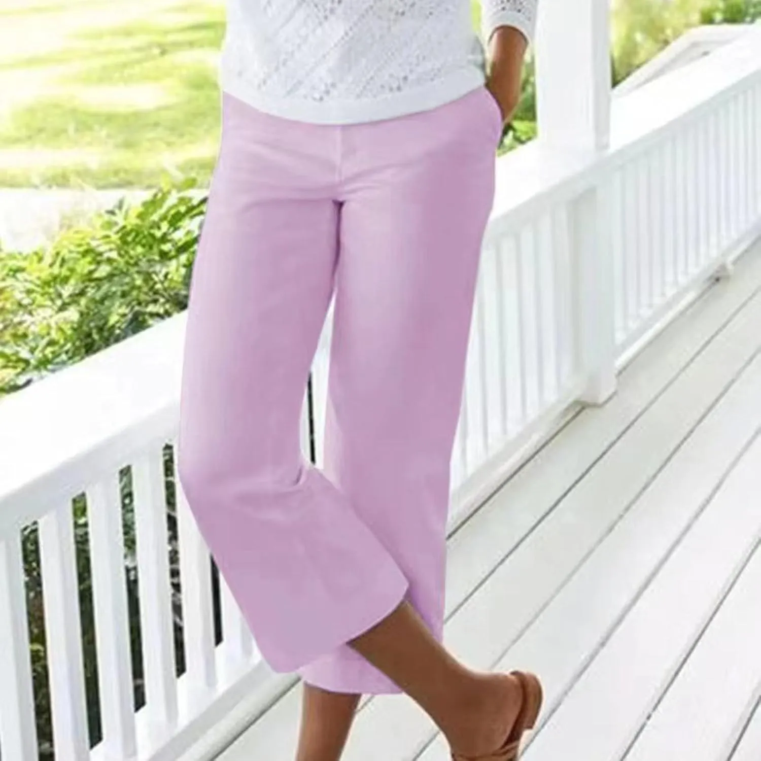 Capri Pants for Women Dressy Casual Stretch Summer 3/4 Length Trousers Wide Leg Cotton Linen Petite Cropped Pants