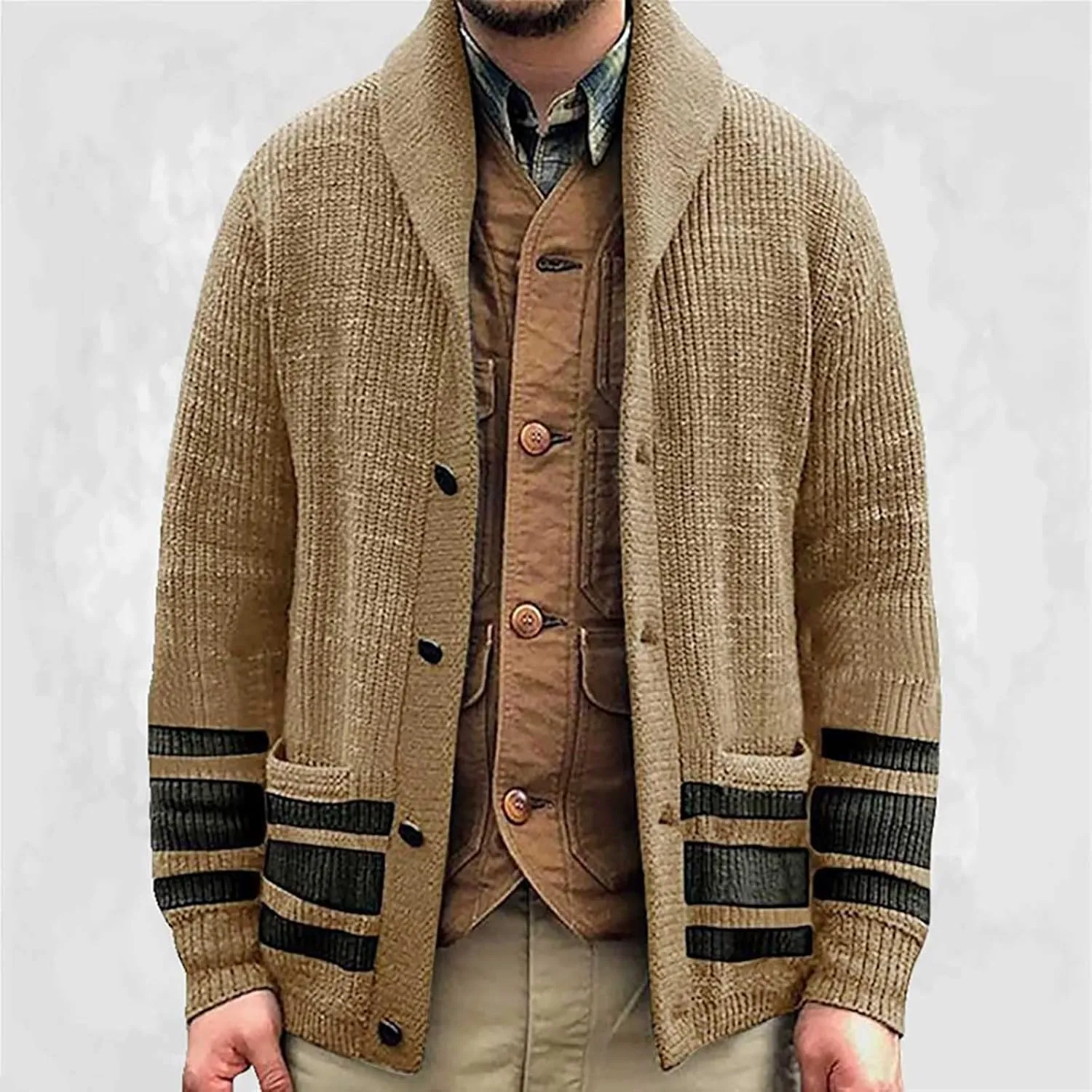 Cardigan Sweaters for Men Striped Knit Sweater Shawl Collar Knit Sweater Big and Tall Button Down Sweaters