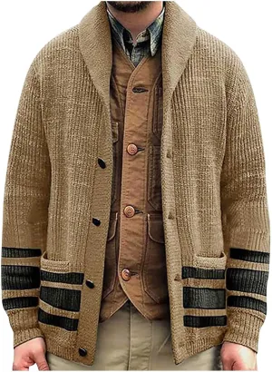 Cardigan Sweaters for Men Striped Knit Sweater Shawl Collar Knit Sweater Big and Tall Button Down Sweaters