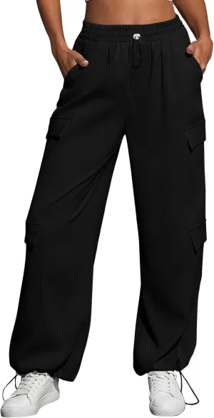 Cargo Sweatpants for Women Baggy Casual Drawstring High Waisted Parachute Pants Trendy Fleece Joggers with Pockets