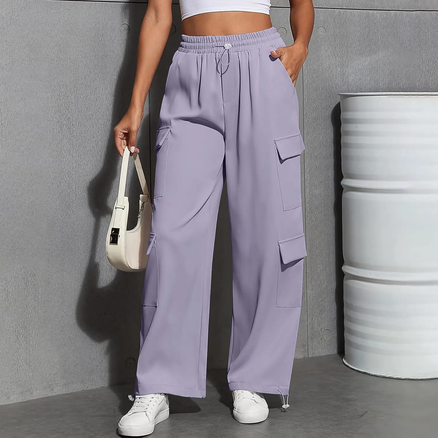 Cargo Sweatpants for Women Baggy Casual Drawstring High Waisted Parachute Pants Trendy Fleece Joggers with Pockets
