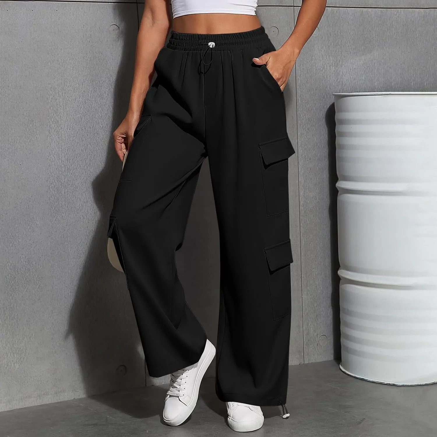Cargo Sweatpants for Women Baggy Casual Drawstring High Waisted Parachute Pants Trendy Fleece Joggers with Pockets