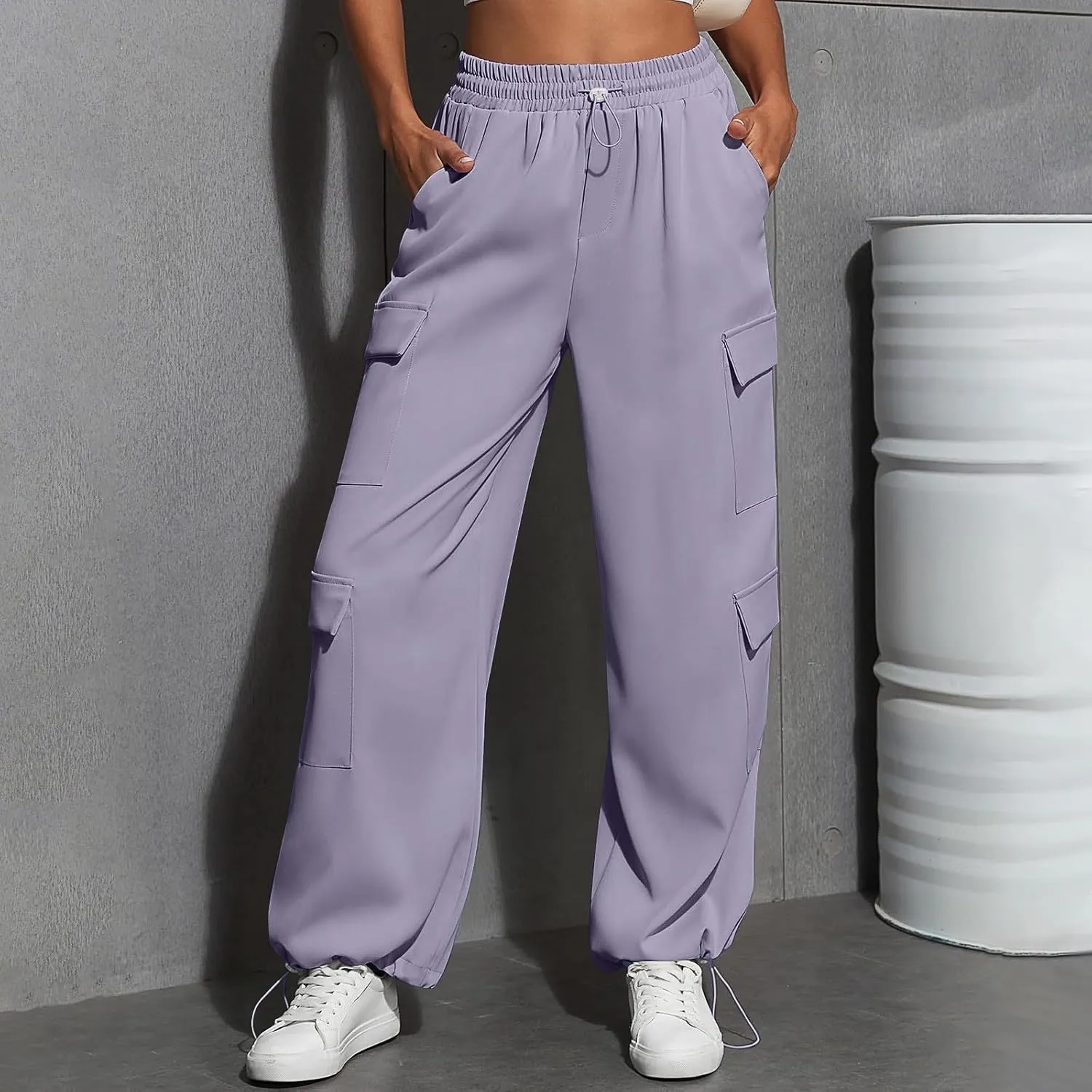 Cargo Sweatpants for Women Baggy Casual Drawstring High Waisted Parachute Pants Trendy Fleece Joggers with Pockets
