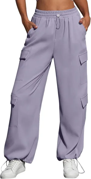 Cargo Sweatpants for Women Baggy Casual Drawstring High Waisted Parachute Pants Trendy Fleece Joggers with Pockets