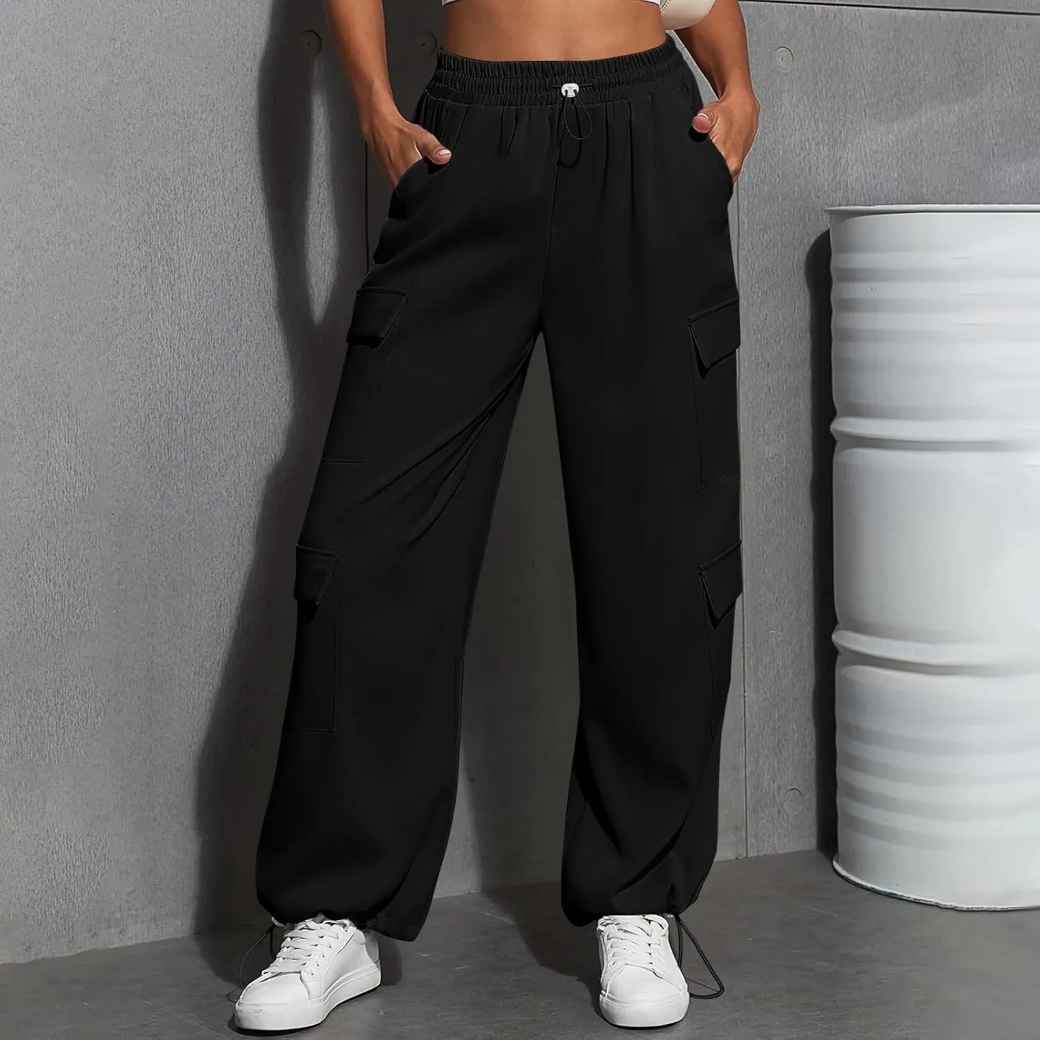 Cargo Sweatpants for Women Baggy Casual Drawstring High Waisted Parachute Pants Trendy Fleece Joggers with Pockets