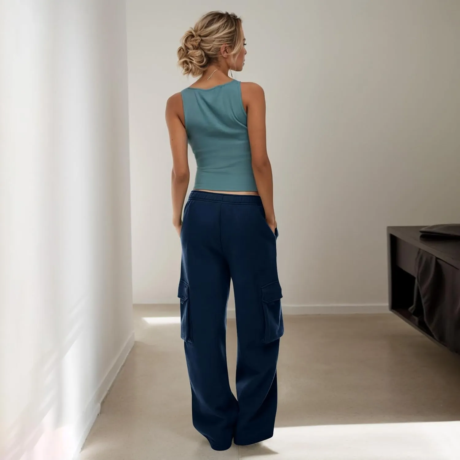 Cargo Sweatpants for Women Baggy Casual High Waisted Wide Leg Pants Fleece Workout Lounge Pants with Pockets