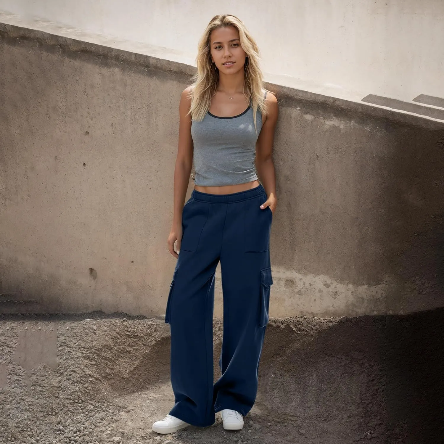 Cargo Sweatpants for Women Baggy Casual High Waisted Wide Leg Pants Fleece Workout Lounge Pants with Pockets