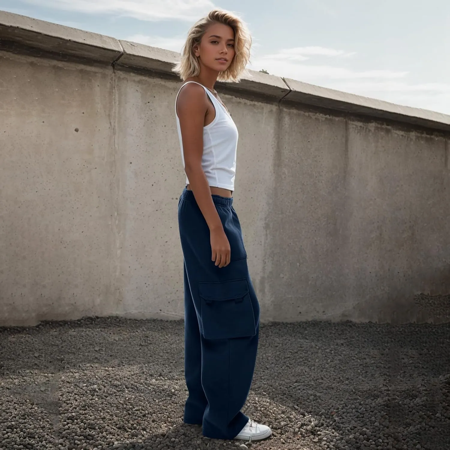Cargo Sweatpants for Women Baggy Casual High Waisted Wide Leg Pants Fleece Workout Lounge Pants with Pockets