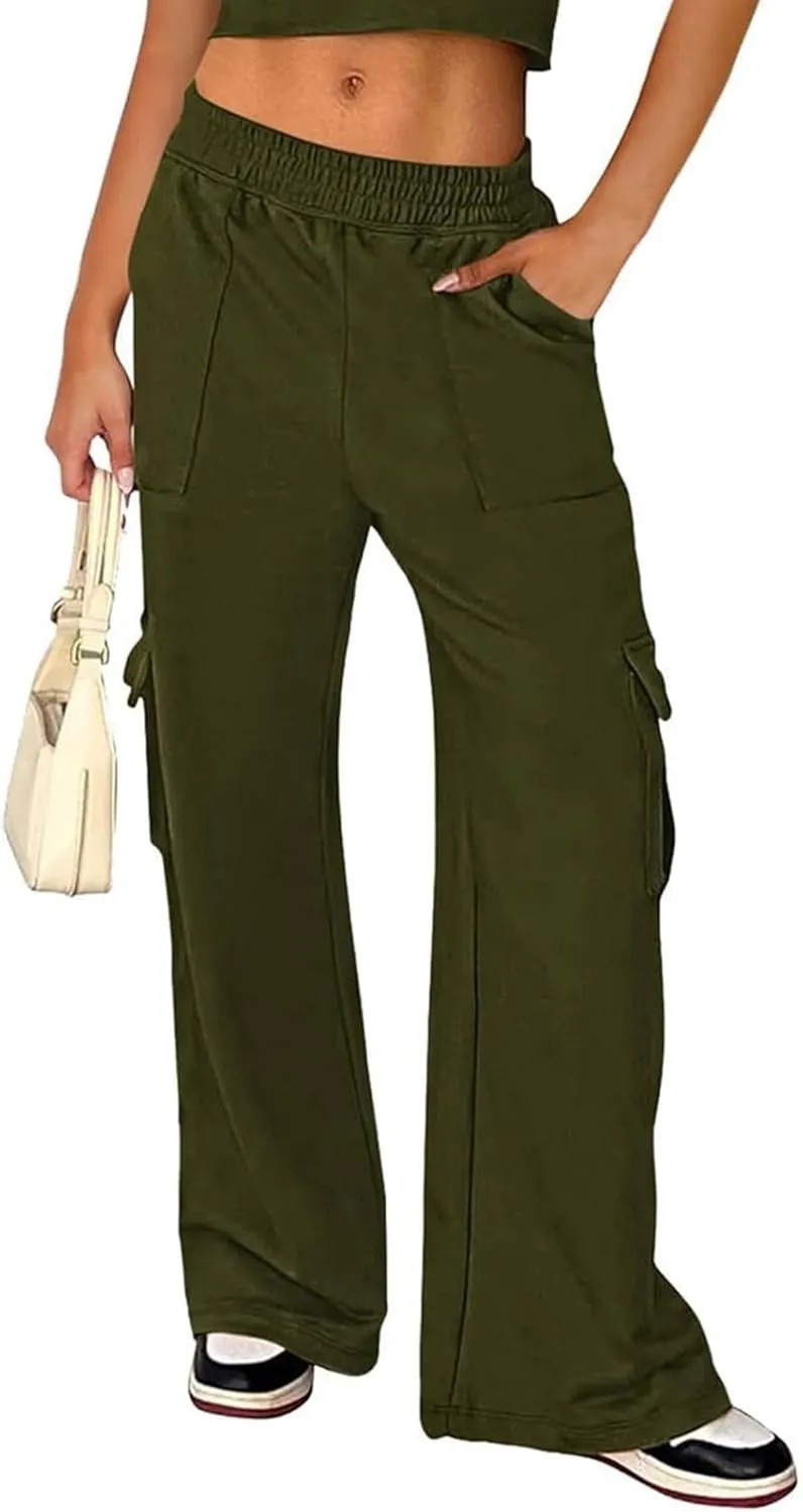 Cargo Sweatpants for Women Wide Leg High Waisted Baggy Drawstring Sweat Pants Casual Flared Pants with Pockets