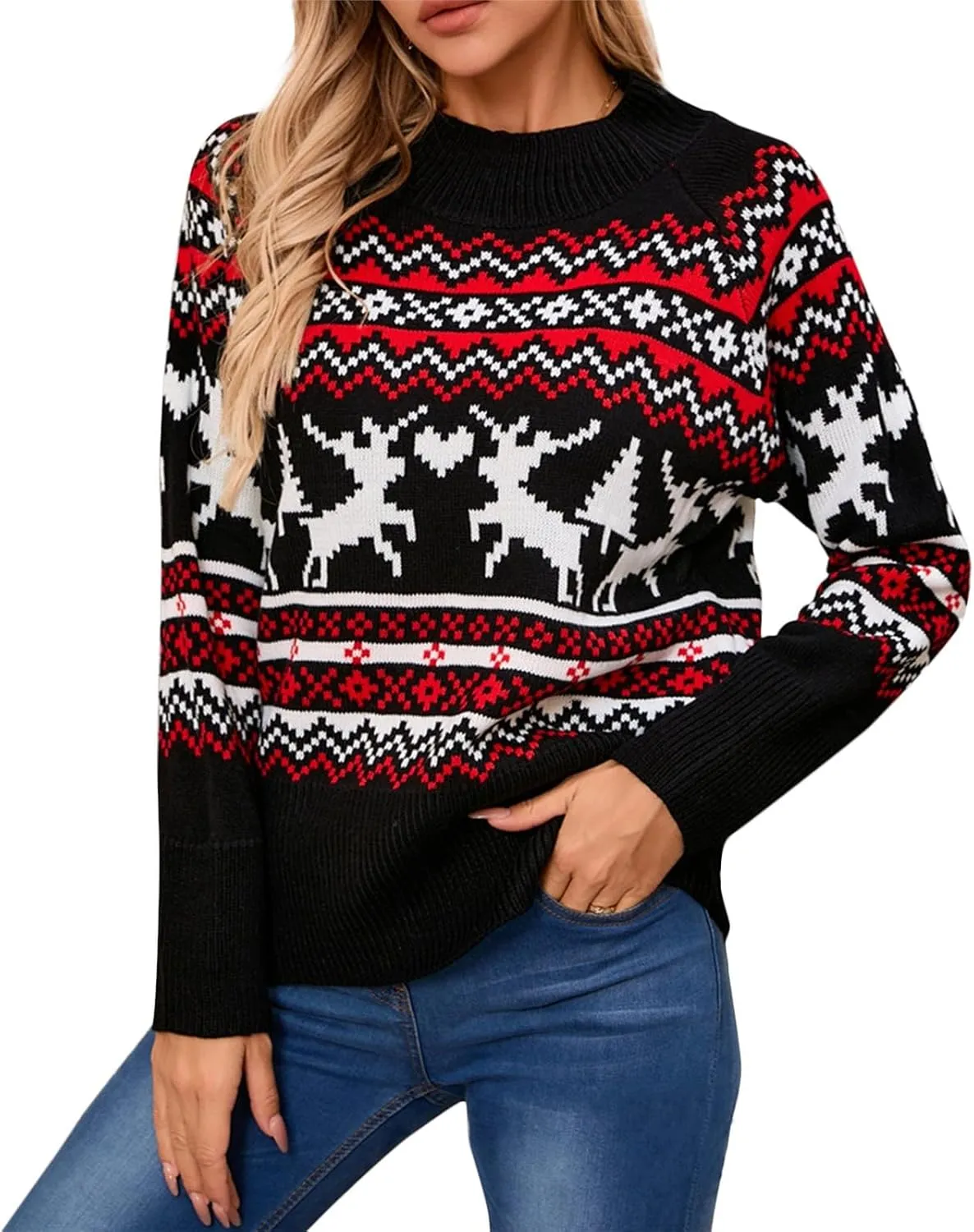 Christmas Sweaters for Women Xmas Reindeer Funny Ugly Sweater Long Sleeve Basic Cable Knit Sweaters Crewneck Cozy Top