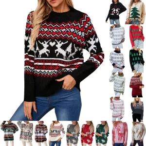 Christmas Sweaters for Women Xmas Reindeer Funny Ugly Sweater Long Sleeve Basic Cable Knit Sweaters Crewneck Cozy Top