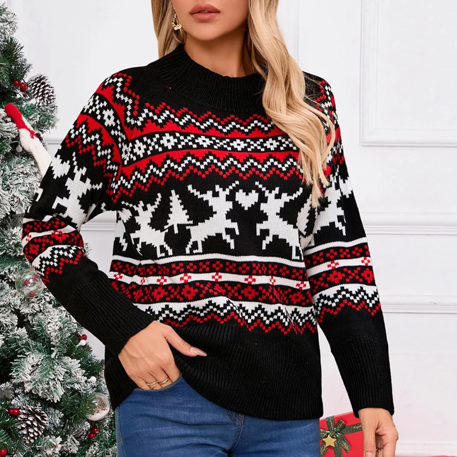 Christmas Sweaters for Women Xmas Reindeer Funny Ugly Sweater Long Sleeve Basic Cable Knit Sweaters Crewneck Cozy Top