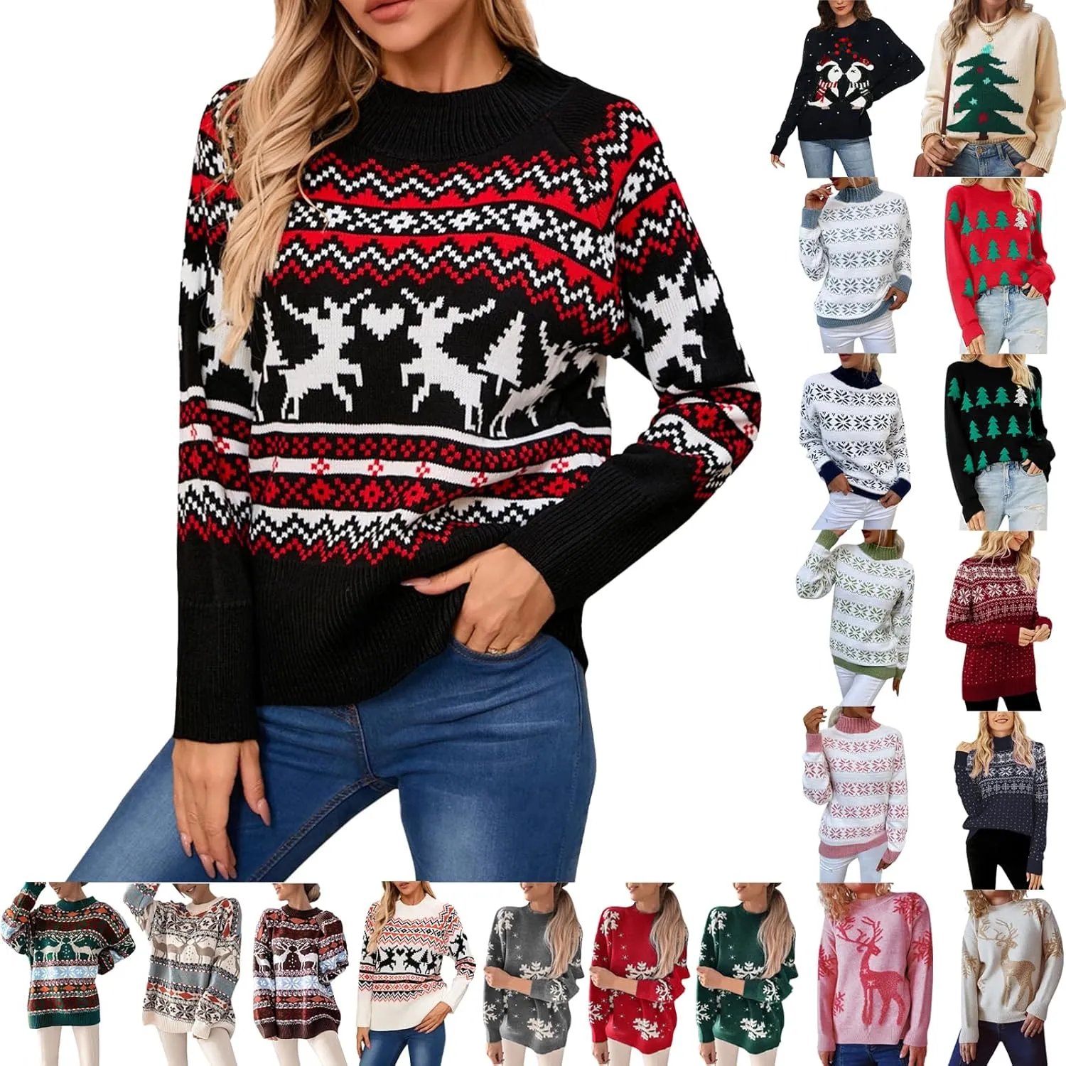 Christmas Sweaters for Women Xmas Reindeer Funny Ugly Sweater Long Sleeve Basic Cable Knit Sweaters Crewneck Cozy Top