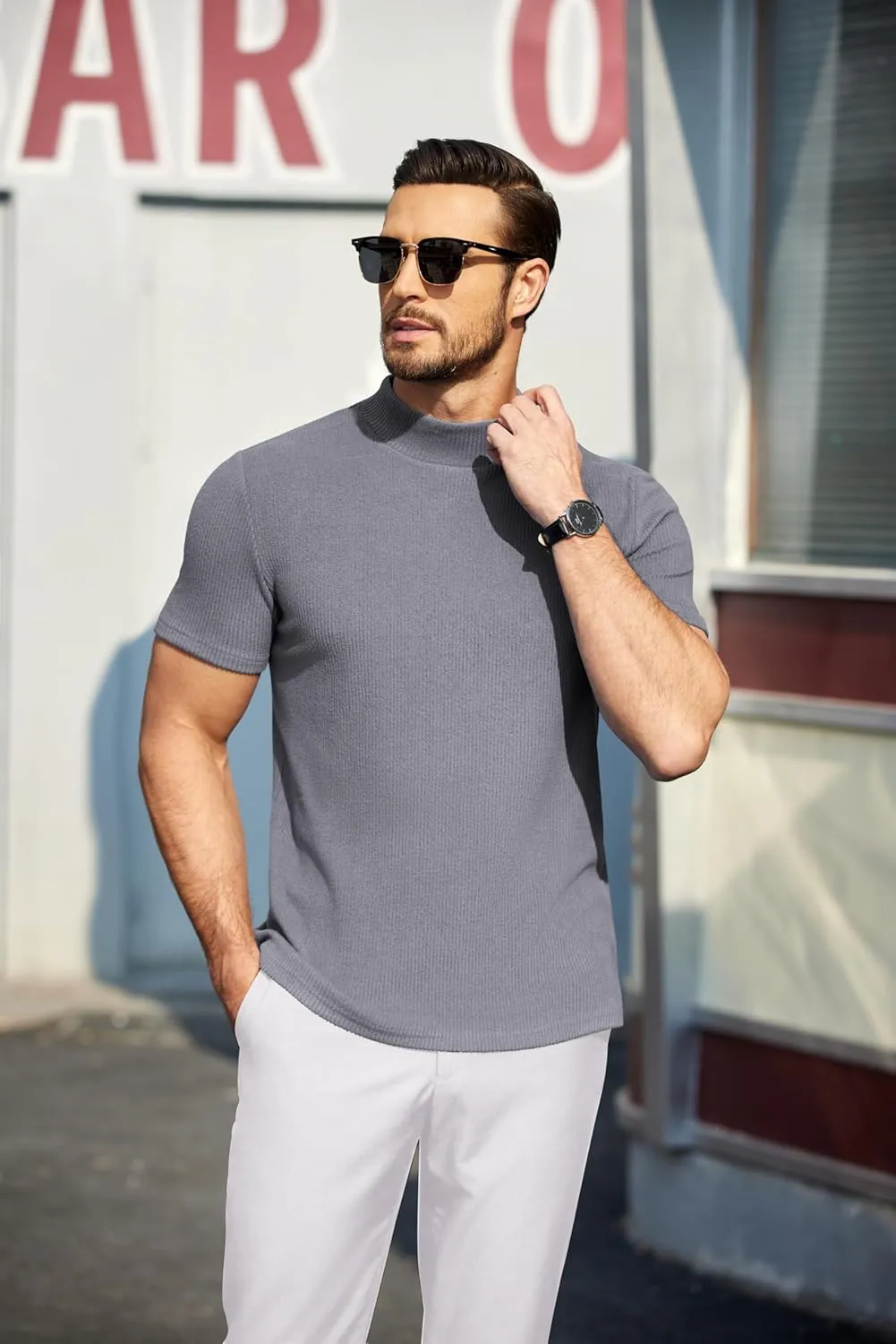 COOFANDY Mens Mock Turtleneck Sweater Short Sleeve Turtle Neck Sweaters Casual Ribbed Knited Pullover Tops Solid Basic Tee