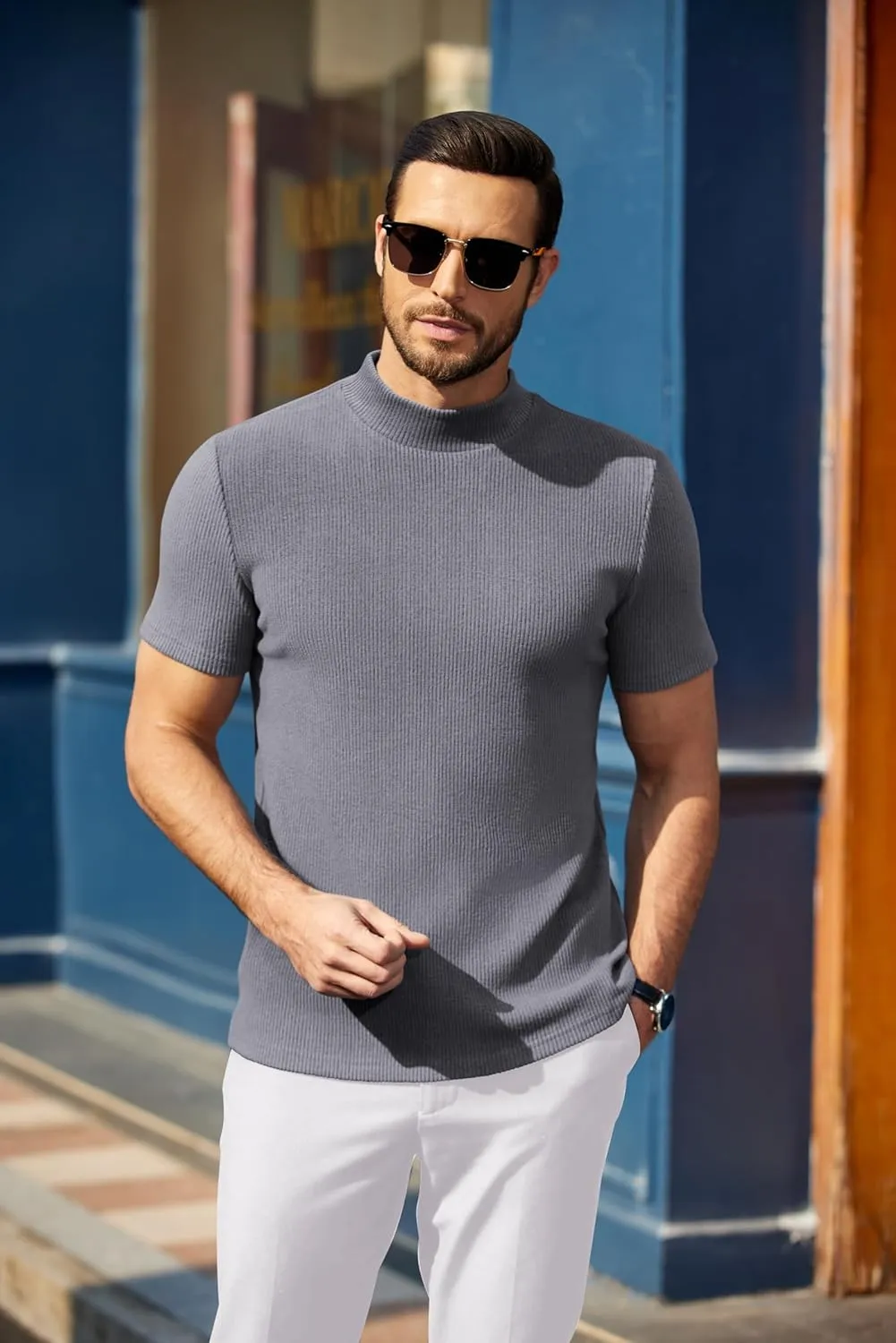 COOFANDY Mens Mock Turtleneck Sweater Short Sleeve Turtle Neck Sweaters Casual Ribbed Knited Pullover Tops Solid Basic Tee